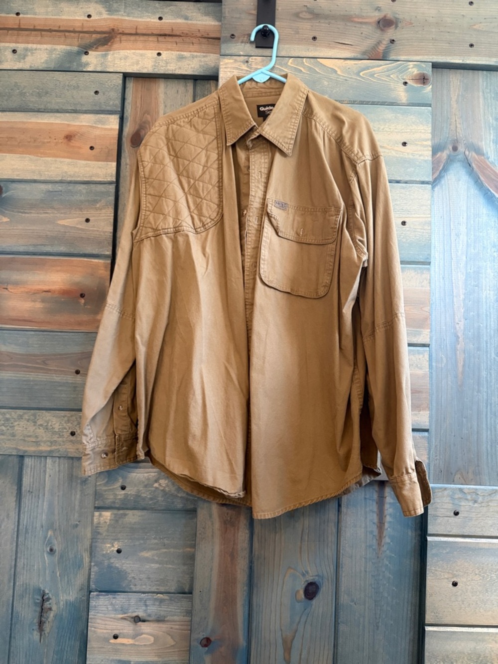 Men's Lightweight Tan Shirt Jacket with Quilted Shoulder